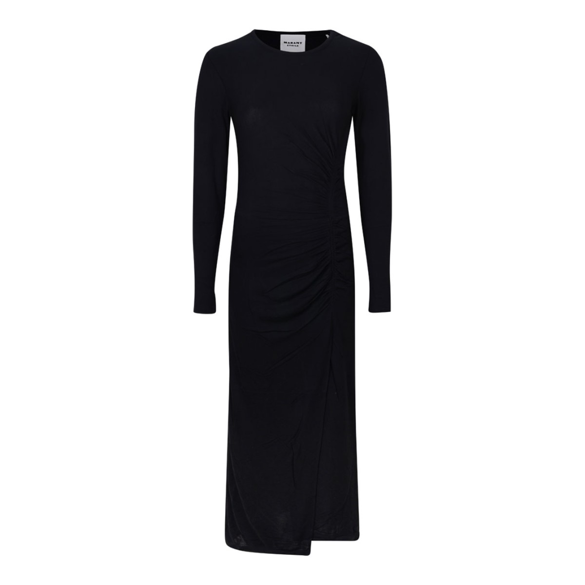 Black Gathered Long-Sleeve Midi Dress