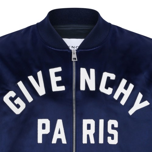 Navy Blue Zipped Blouson Satin Bomber Jacket