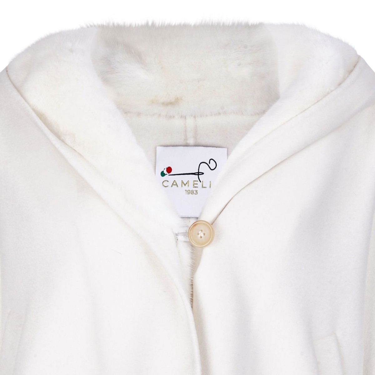 White Mink and Cashmere Jacket with Hood and V-Neck
