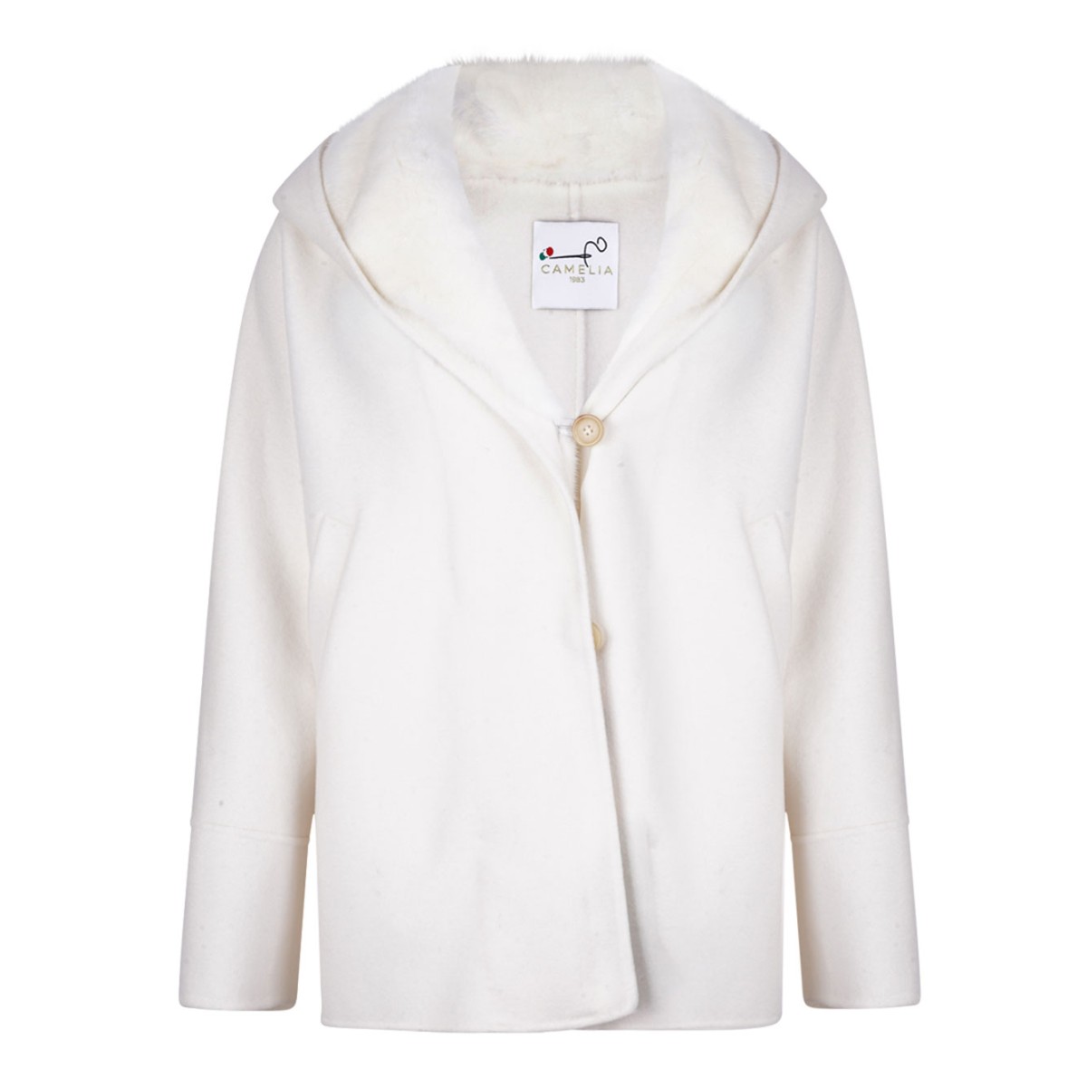 White Mink and Cashmere Jacket with Hood and V-Neck