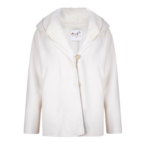 White Mink and Cashmere Jacket with Hood and V-Neck
