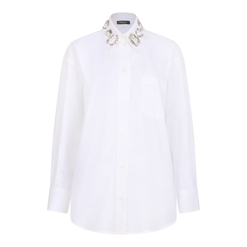 White Long Poplin Shirt With Crystal Embellished