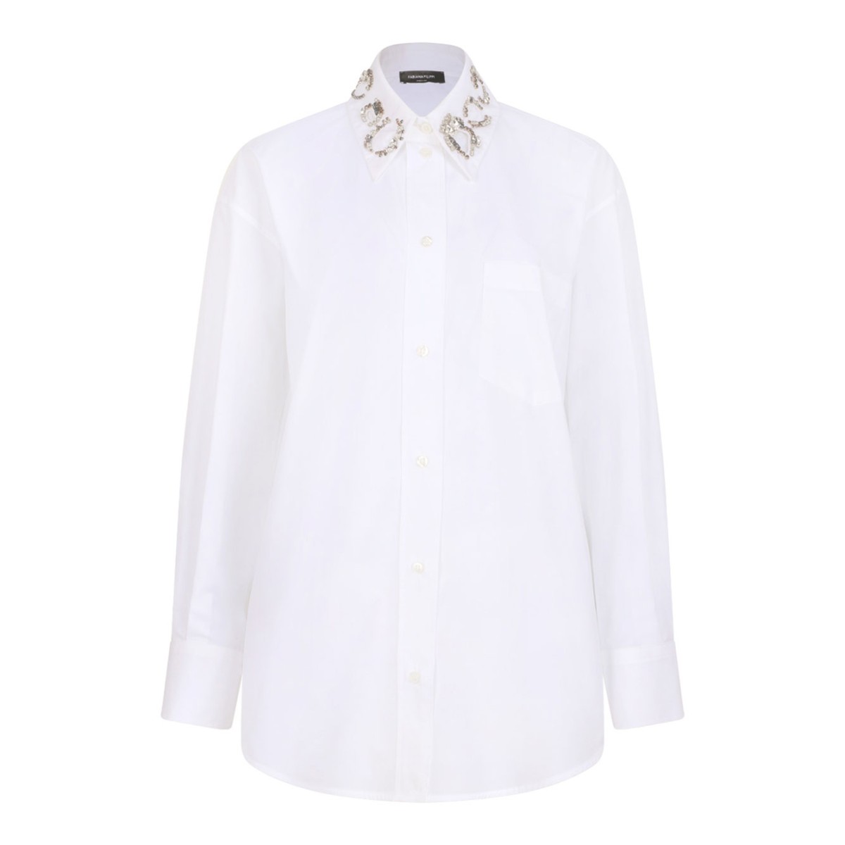 White Long Poplin Shirt With Crystal Embellished