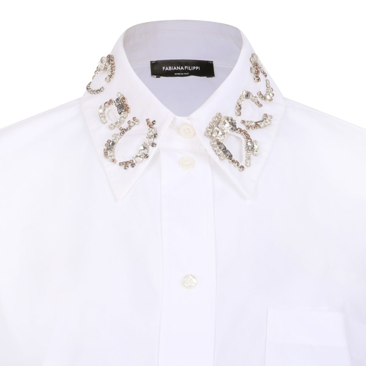 White Long Poplin Shirt With Crystal Embellished