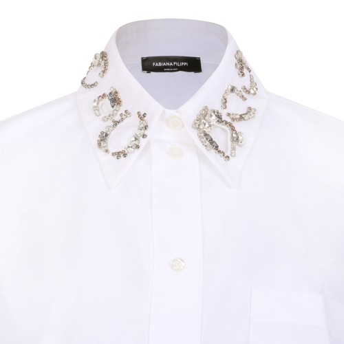 White Long Poplin Shirt With Crystal Embellished