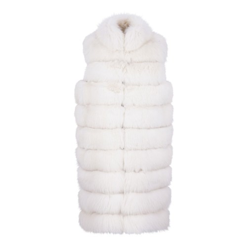 White Fox Fur Long Vest with High Collar