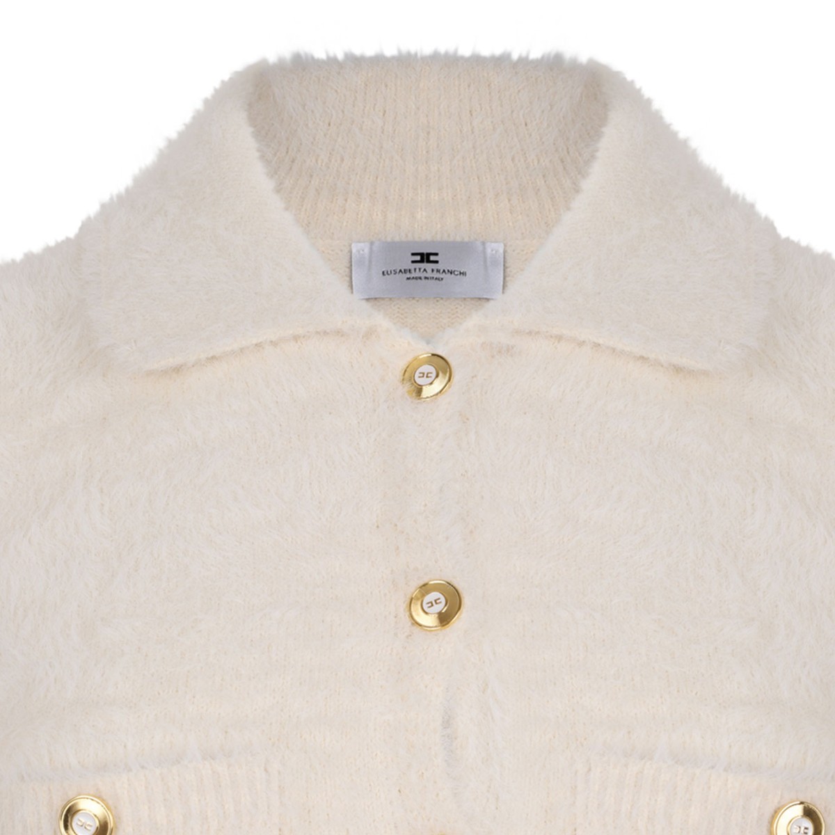 White Classic Collar Sweater With Front Pockets