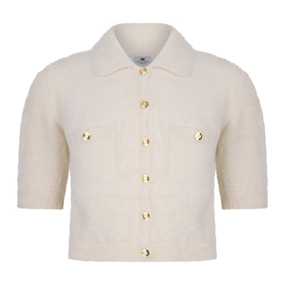 White Classic Collar Sweater With Front Pockets