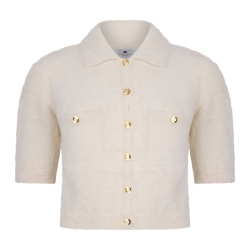 White Classic Collar Sweater With Front Pockets