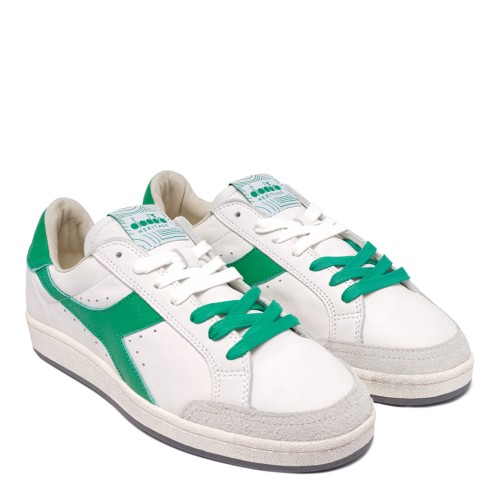 White and Green Leather Low Top Sneakers
