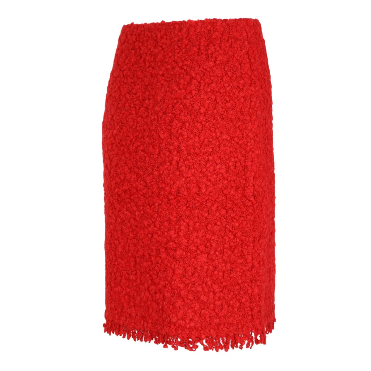 Red Textured Wool Skirt With Fringe Hem