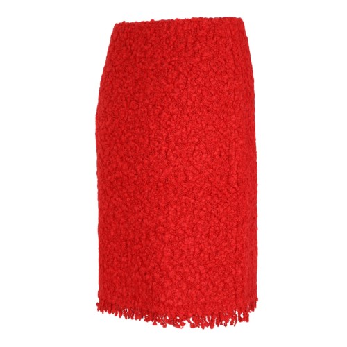Red Textured Wool Skirt With Fringe Hem