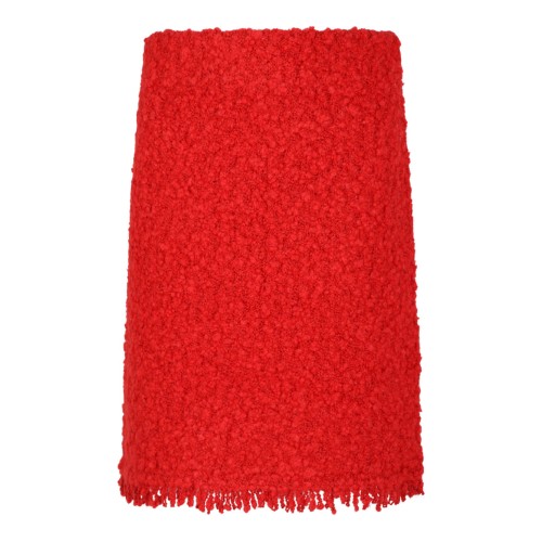 Red Textured Wool Skirt With Fringe Hem
