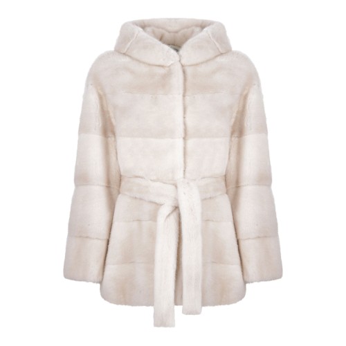 Pearl Mink Fur Coat with Hood and Belt
