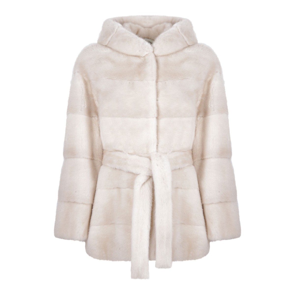 Pearl Mink Fur Coat with Hood and Belt