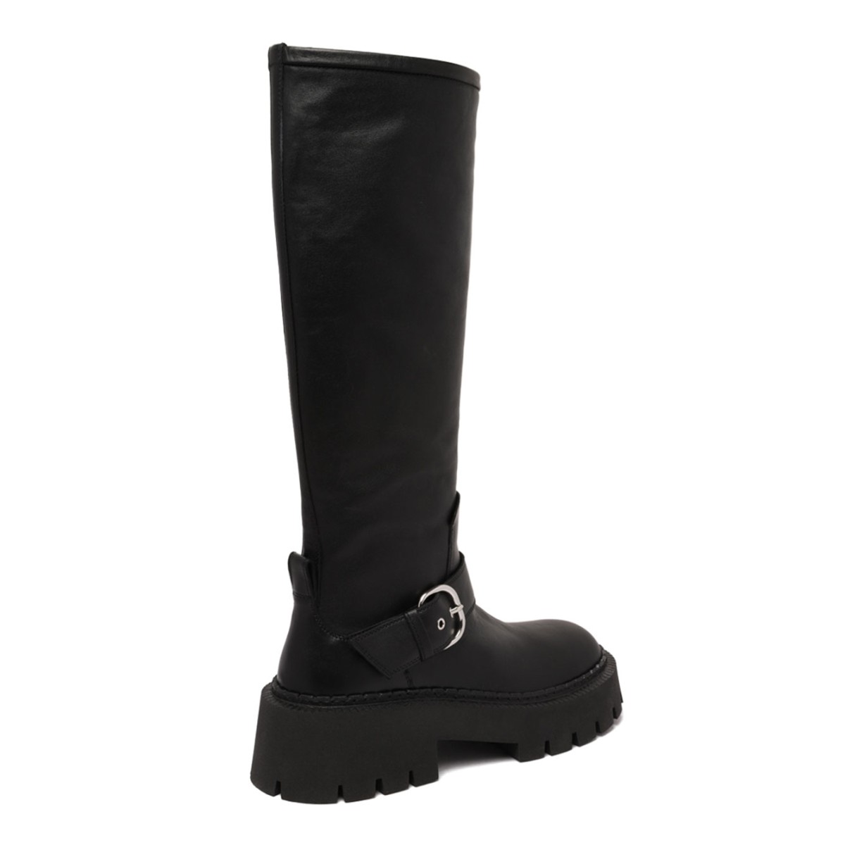 Black Buckle-Fastening Knee-High Boots