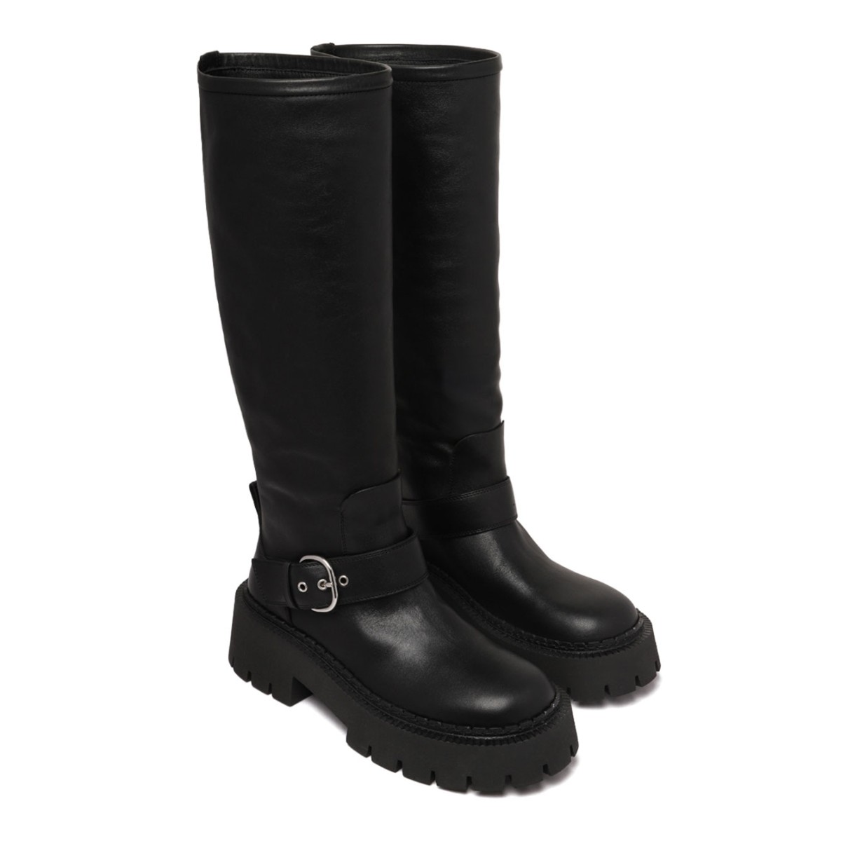 Black Buckle-Fastening Knee-High Boots