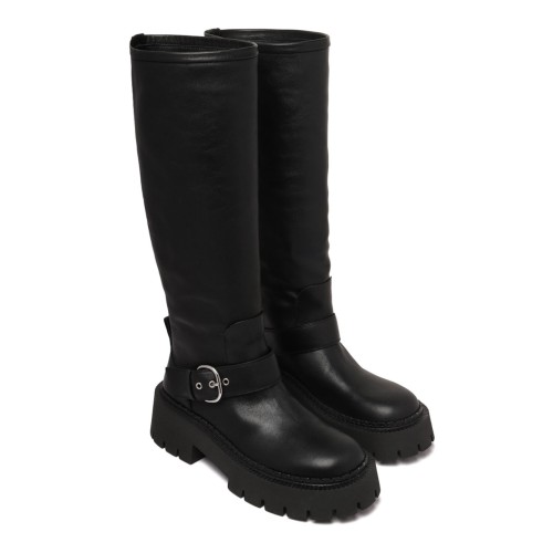 Black Buckle-Fastening Knee-High Boots