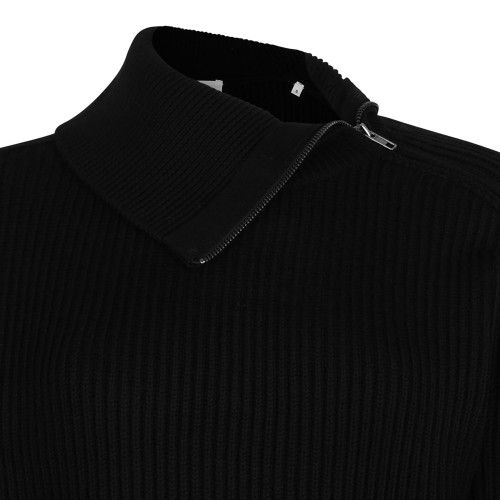 Black Ribbed Wool Sweater With Asymmetric Collar