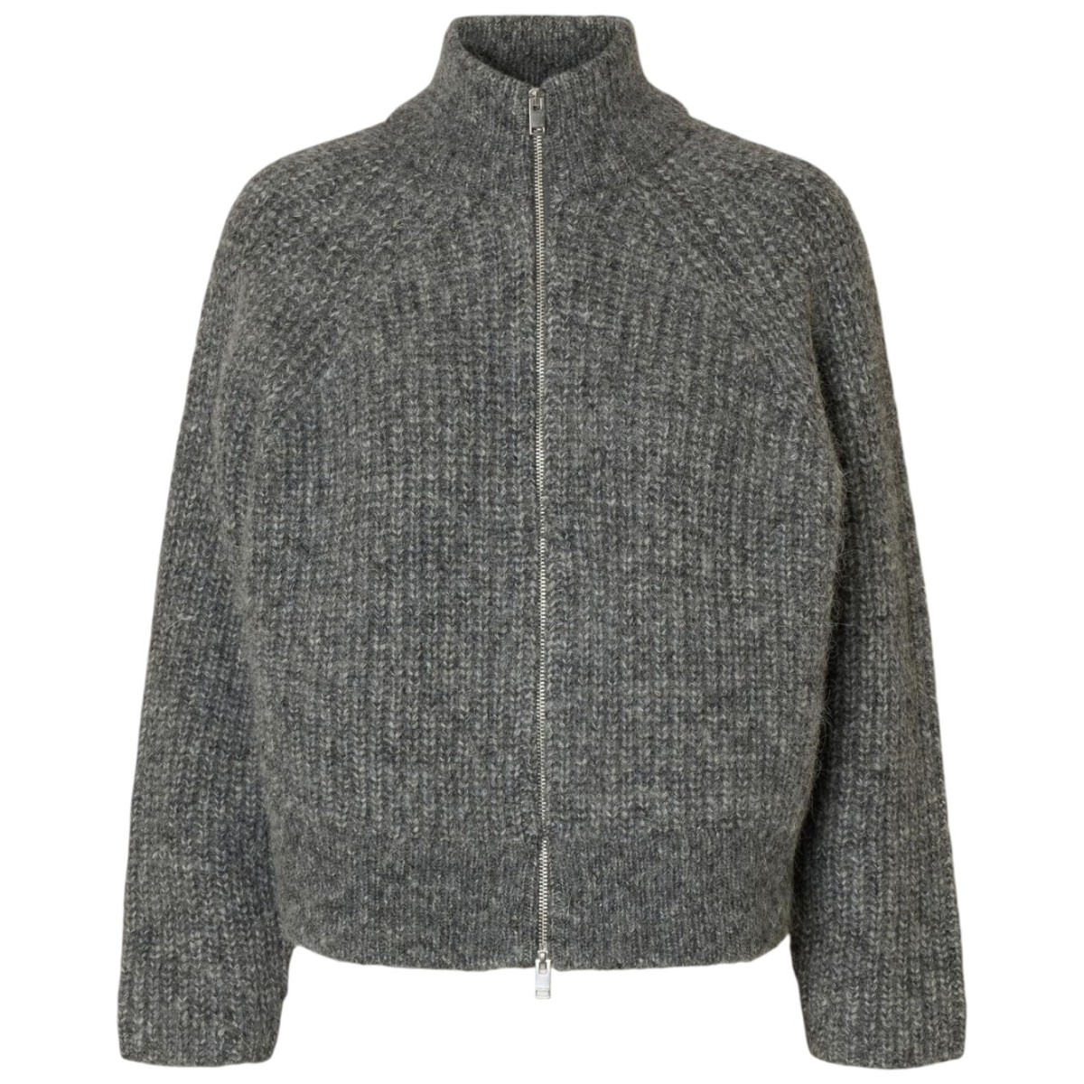 Medium Grey Melange Cardigan With Front Zip
