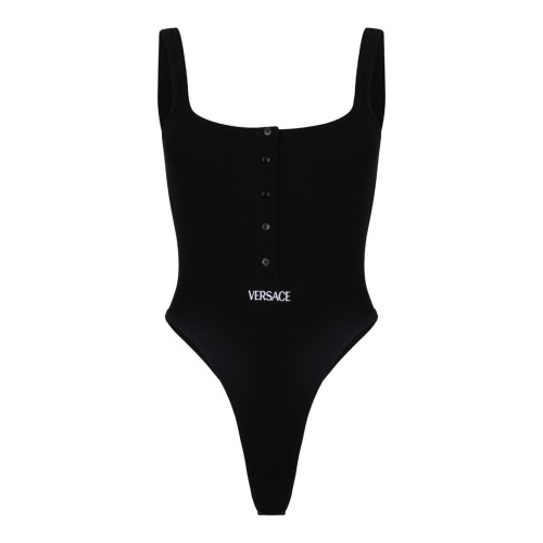 Black Ribbed Bodysuit With Logo