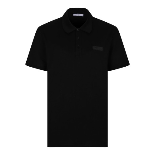 Black Cotton Logo Patch Polo Shirt With Grosgrain.