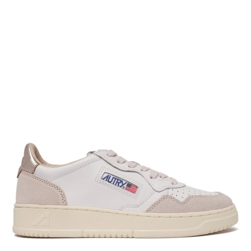 White and Light Beige Medalist Leather Sneakers