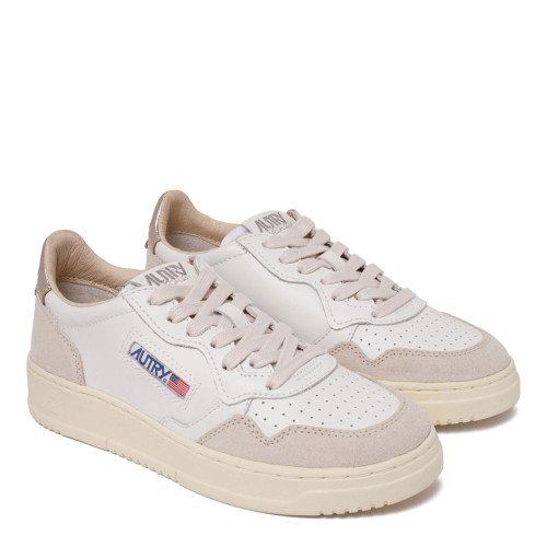 White and Light Beige Medalist Leather Sneakers