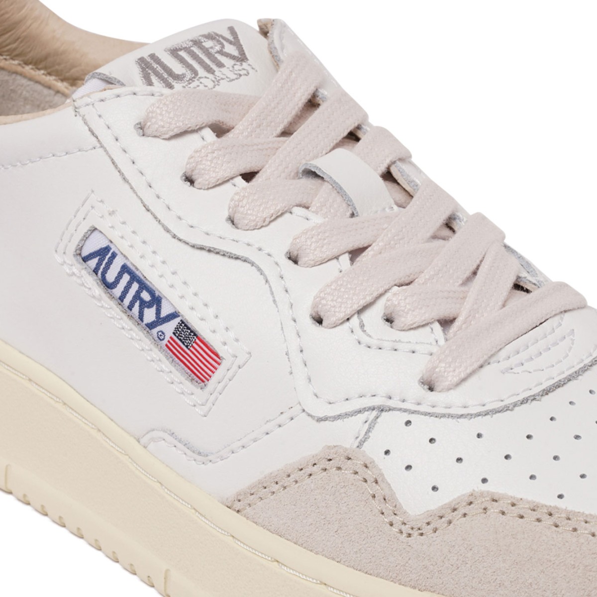 White and Light Beige Medalist Leather Sneakers