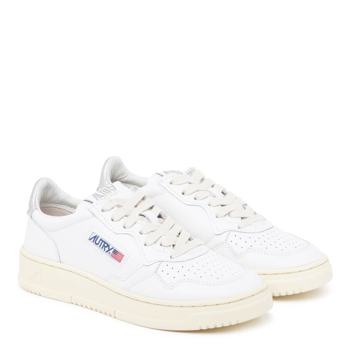 White and Silver Tone Medalist Sneakers