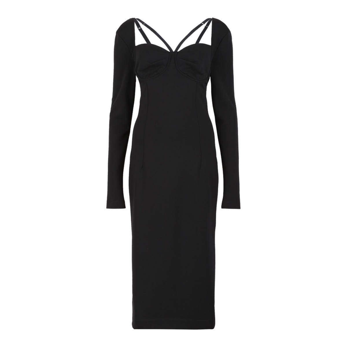 Black Calf-Length Stretch Viscose Jersey Milano Rib Dress