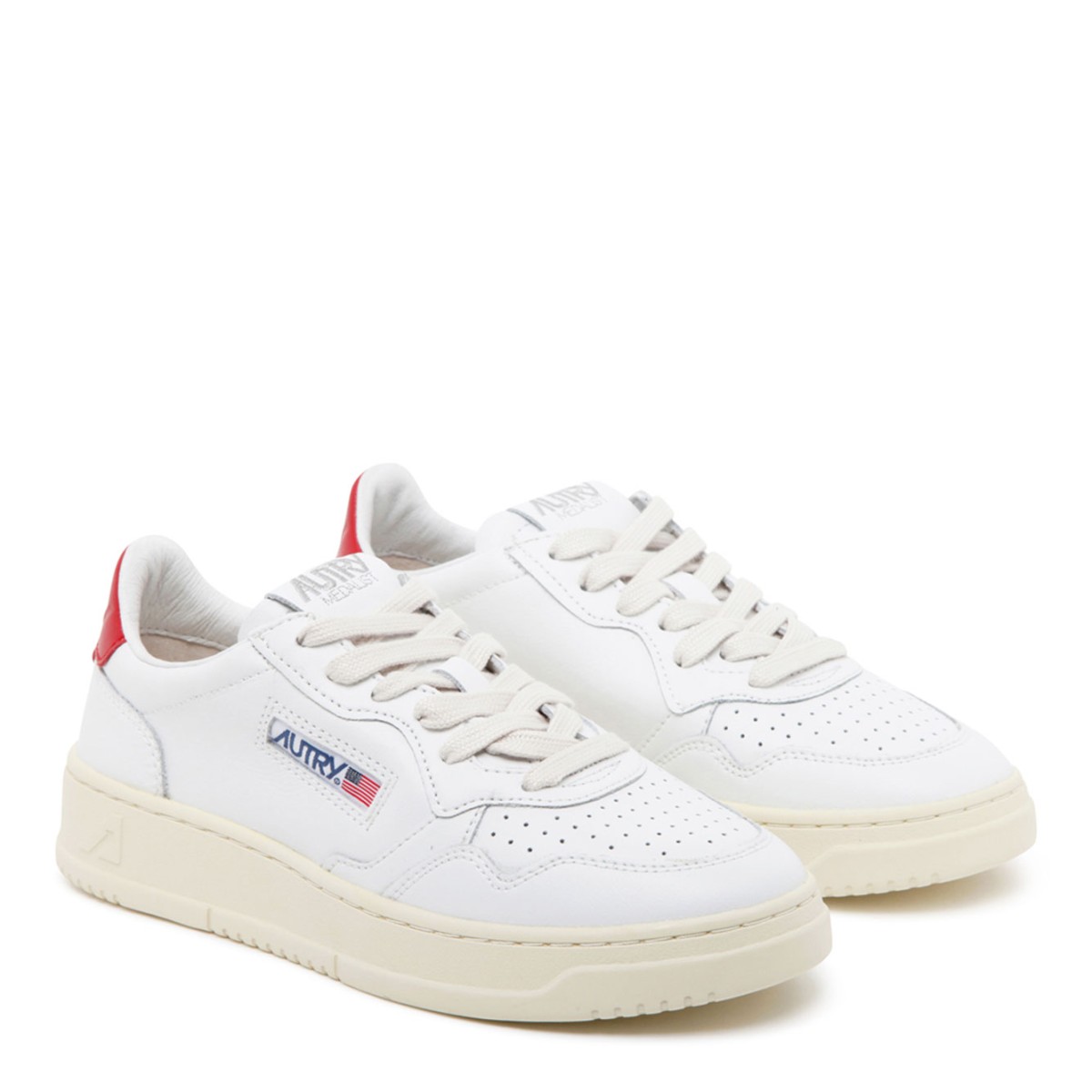 White and Red Medalist Low Top Sneakers