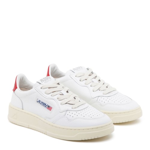 White and Red Medalist Low Top Sneakers