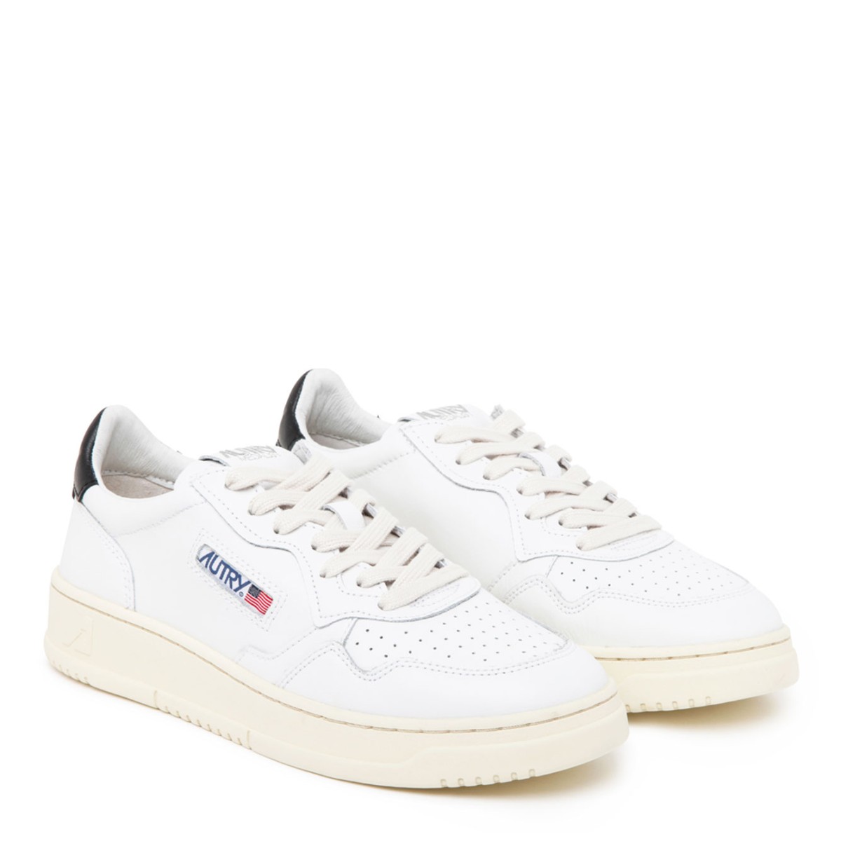 White and Black Leather Low Top Sneakers