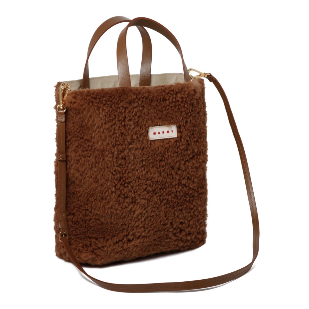 Tobacco Brown Shearling Logo Patch Tote Bag
