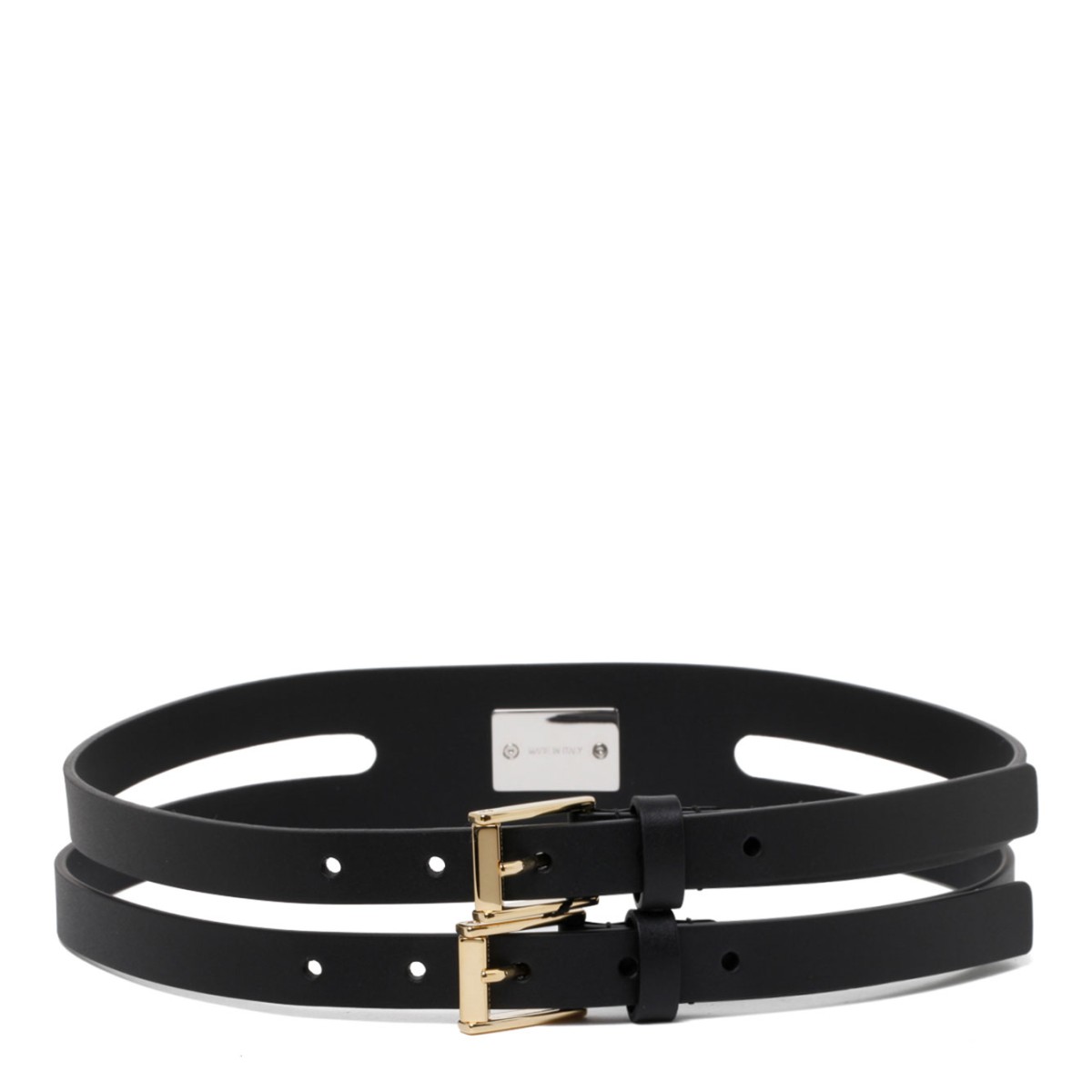 Black Calf Leather Logo Plaque Double Strap Belt