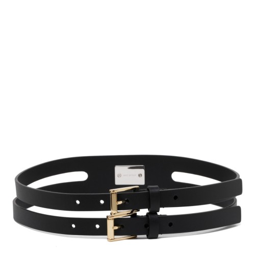 Black Calf Leather Logo Plaque Double Strap Belt