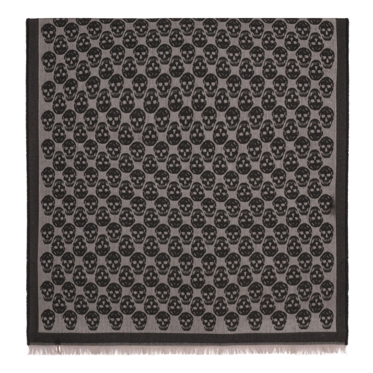 Grey Skull-Patterned Fringed Scarf