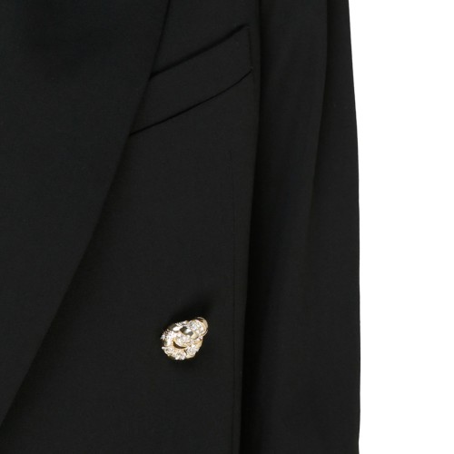 Black Wool Jewel Buttons Open Front Blazer