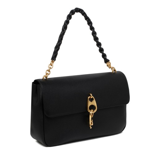 Black Leather Chain Link Handle Tote Bag