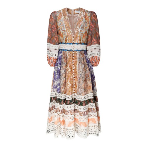 Multicolor Linen Devi Printed Midi Dress