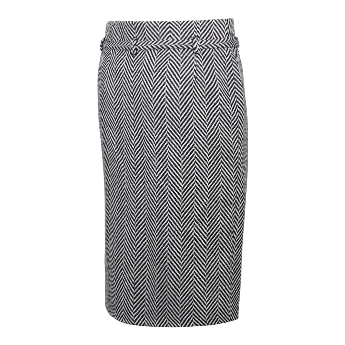 Black and White Virgin Wool Chevron Pattern Midi Pencil Skirt