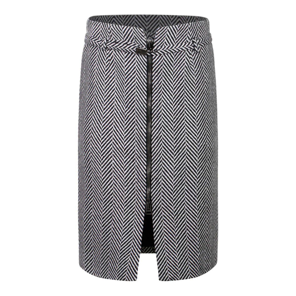 Black and White Virgin Wool Chevron Pattern Midi Pencil Skirt