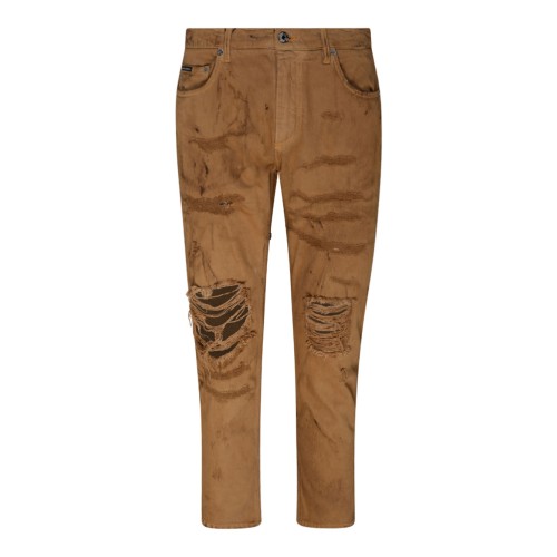 Light Brown Cotton Ripped Slim Fit Jeans