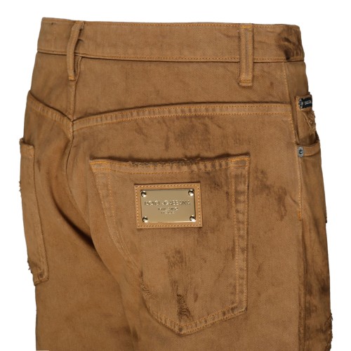 Light Brown Cotton Ripped Slim Fit Jeans