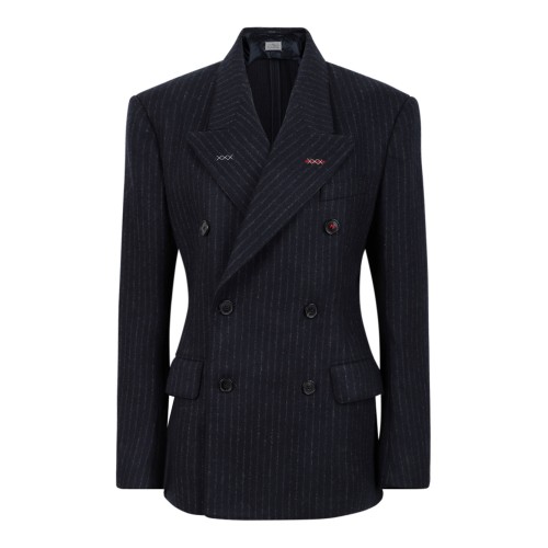 Navy Blue Pinstripe Double-Breasted Wool Blazer
