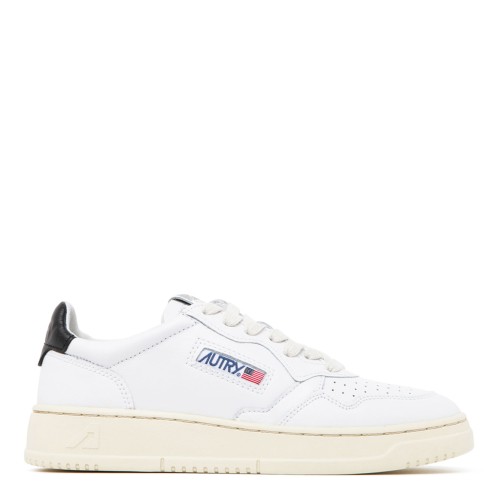 White and Black Calf Leather Logo Patch Low Top Sneakers