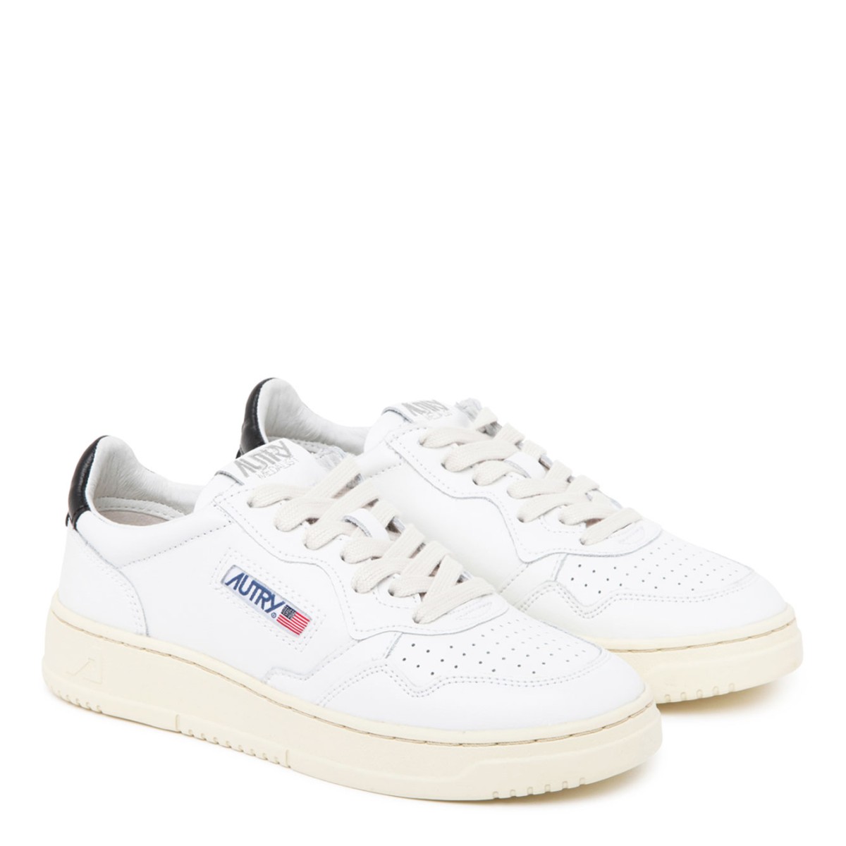 White and Black Calf Leather Logo Patch Low Top Sneakers