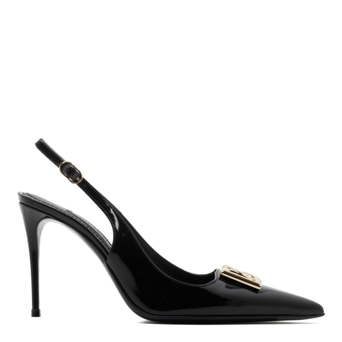Black Calf Leather Logo Plaque Slingback Pumps
