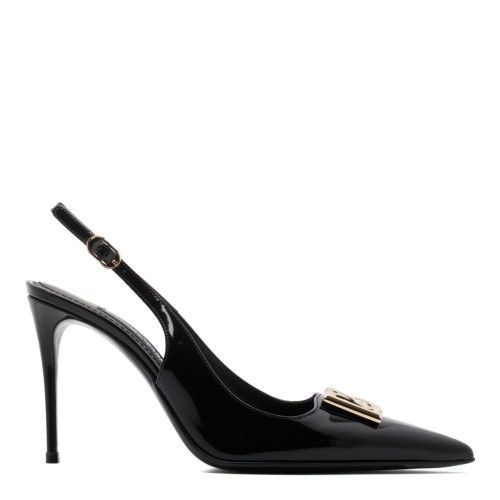 Black Calf Leather Logo Plaque Slingback Pumps